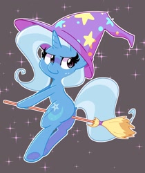 Size: 2371x2826 | Tagged: safe, artist:kindakismet, trixie, pony, unicorn, g4, broom, clothes, cute, diatrixes, female, flying, flying broomstick, hat, high res, mare, sitting, solo, sparkles, trixie's hat, witch