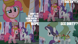 Size: 1280x720 | Tagged: safe, edit, edited screencap, editor:quoterific, screencap, pinkie pie, rarity, earth pony, pony, unicorn, g4, party of one, season 1, :o, carousel boutique, confused, duo, duo female, female, mare, o, o mouth, open mouth, smiling, teeth, trash, trash can