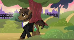 Size: 1985x1082 | Tagged: safe, artist:mr100dragon100, earth pony, pony, g4, beaker, dark forest au's dr. jekyll and mr. hyde, dr jekyll and mr hyde, fence, looking up, mr.hyde, park, show accurate, sunset, town, tree, walking