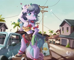 Size: 4096x3327 | Tagged: safe, artist:saxopi, oc, oc only, earth pony, semi-anthro, arm hooves, car, car wash, chest fluff, clothes, floral head wreath, flower, house, palm tree, solo, suds, telephone pole, tree