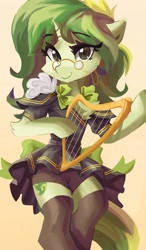Size: 1679x2881 | Tagged: safe, artist:saxopi, oc, oc only, unicorn, semi-anthro, arm hooves, clothes, female, glasses, harp, horn, looking at you, mare, musical instrument, reading glasses, simple background, smiling, solo, unicorn oc, yellow background, zettai ryouiki