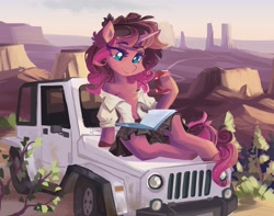 Size: 4096x3231 | Tagged: safe, artist:saxopi, oc, oc only, unicorn, semi-anthro, arm hooves, book, clothes, desert, jeep, reading, scenery, shirt, sitting, skirt, soda, soda can, solo, vehicle