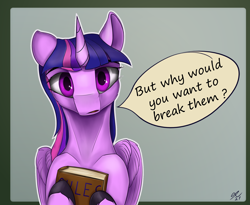 Size: 1950x1600 | Tagged: safe, artist:tenebrisnoctus, twilight sparkle, alicorn, pony, g4, atg 2021, book, female, gradient background, looking at you, mare, newbie artist training grounds, solo, speech bubble, talking to viewer, twilight sparkle (alicorn), unshorn fetlocks