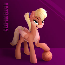 Size: 2000x2000 | Tagged: safe, artist:darksly, pegasus, pony, atg 2021, basketball, crossover, female, high res, leg fluff, lola bunny, looking at you, looney tunes, mare, newbie artist training grounds, open mouth, pale belly, ponified, solo, space jam, sports, two toned wings, wings
