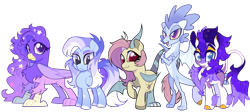 Size: 1280x573 | Tagged: safe, artist:renhorse, oc, oc only, oc:elegant purple, oc:harpsichord, oc:hawk eyes, oc:scald, oc:star sweets, draconequus, dragon, griffon, kirin, pegasus, pony, female, mare, simple background, transparent background