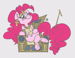 Size: 3300x2550 | Tagged: safe, artist:leadhooves, color edit, edit, editor:datzigga, pinkie pie, earth pony, pony, g4, colored, crossed legs, ear piercing, earring, egyptian, female, gold, high res, jewelry, looking at you, mare, necklace, piercing, sitting, smiling, solo, throne