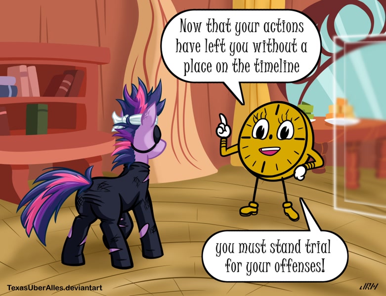 2637802 - safe, artist:texasuberalles, twilight sparkle, pony, unicorn,  it's about time, season 2, bandage, book, butt, clothes, duo, eyepatch,  female, future twilight, golden oaks library, loki, loki (tv series), mare,  messy mane,