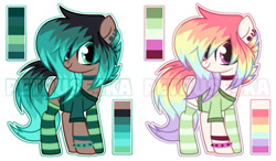 Size: 1280x747 | Tagged: safe, artist:petruse4ka, oc, oc only, earth pony, pony, choker, clothes, duo, ear piercing, earring, jewelry, multicolored hair, piercing, rainbow hair, reference sheet, smiling, socks, striped socks, watermark