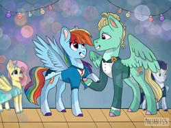 Size: 2732x2048 | Tagged: safe, artist:moccabliss, fluttershy, rainbow dash, soarin', zephyr breeze, pegasus, pony, g4, clothes, dress, female, high res, implied shipping, implied soarindash, implied straight, male, mare, ship:zephdash, shipping, stallion, straight, suit