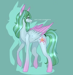 Size: 928x958 | Tagged: safe, artist:sia.brony, oc, oc only, pegasus, pony, eyelashes, green background, looking back, pegasus oc, raised hoof, simple background, smiling, solo