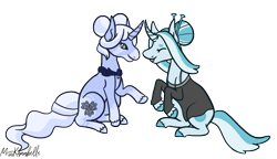 Size: 1550x892 | Tagged: safe, artist:misskanabelle, oc, oc only, oc:blue buttons, oc:lapis lace, pony, unicorn, clothes, duo, female, hair bun, hairpin, horn, offspring, parent:photo finish, parent:pokey pierce, parents:photopierce, raised hoof, siblings, signature, simple background, sisters, transparent background, unicorn oc, unshorn fetlocks