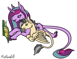 Size: 1118x864 | Tagged: safe, artist:misskanabelle, oc, oc only, oc:amethyst althaea, oc:ramses, pegasus, pony, sphinx, unicorn, adopted offspring, book, duo, ear fluff, female, horn, leonine tail, lying down, magical lesbian spawn, mare, offspring, parent:pinkie pie, parent:princess skystar, parent:starlight glimmer, parent:twilight sparkle, parents:skypie, parents:twistarlight, pegasus oc, prone, signature, simple background, transparent background, unicorn oc, wings