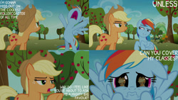 Size: 1280x720 | Tagged: safe, edit, edited screencap, editor:quoterific, screencap, applejack, rainbow dash, earth pony, pegasus, pony, g4, grannies gone wild, season 8, apple, applejack's hat, bipedal, cowboy hat, cute, dashabetes, duo, duo female, female, floppy ears, food, hat, mare, nose in the air, offscreen character, open mouth, pov, puppy dog eyes, sad, sadorable, tree, wavy mouth