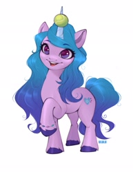 Size: 1585x2048 | Tagged: safe, artist:u_lu_lu, izzy moonbow, pony, unicorn, g5, ball, bracelet, cute, eyelashes, female, horn, horn guard, horn impalement, hornball, izzy's tennis ball, izzybetes, jewelry, looking at you, mare, open mouth, raised hoof, simple background, solo, tennis ball, unshorn fetlocks, white background