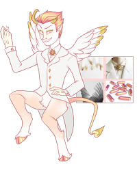 Size: 700x875 | Tagged: safe, artist:lavvythejackalope, oc, oc only, oc:rosegold, human, taur, clothes, cloven hooves, horn, humanized, leonine tail, male, simple background, smiling, smirk, suit, transparent background, wings