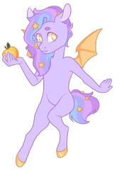 Size: 600x856 | Tagged: safe, artist:lavvythejackalope, oc, oc only, oc:starfall, bat pony, anthro, unguligrade anthro, apple, bat wings, ethereal mane, food, simple background, solo, starry mane, transparent background, wings