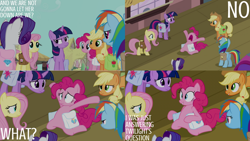 Size: 1280x720 | Tagged: safe, edit, edited screencap, editor:quoterific, screencap, applejack, fluttershy, pinkie pie, rainbow dash, rarity, twilight sparkle, earth pony, pegasus, pony, unicorn, g4, games ponies play, season 3, applejack's hat, bag, big no, butt, cowboy hat, female, hat, mane six, mare, nose in the air, open mouth, plot, rainbutt dash, saddle bag, smiling, train station, unicorn twilight