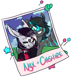 Size: 700x745 | Tagged: safe, artist:lavvythejackalope, oc, oc only, oc:cheshire, oc:nyx, earth pony, rabbit, anthro, animal, anthro with ponies, bust, chest fluff, clothes, collar, commission, duo, earth pony oc, grin, hoof hold, makeup, one eye closed, outdoors, running makeup, selfie, side hug, simple background, smiling, transparent background, wink, ych result