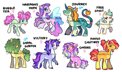 Size: 4062x2400 | Tagged: safe, artist:dreamscapevalley, oc, oc only, oc:bubble tea, oc:cheers, oc:free spirit, oc:harmony hope, oc:journey, oc:mango chutney, oc:shoal surfer, oc:victory, earth pony, hybrid, pegasus, pony, unicorn, :3, :p, blaze (coat marking), chest fluff, closed mouth, clothes, cloven hooves, coat markings, colored eartips, colored hooves, colored horn, curved horn, cyan eyes, ears back, earth pony oc, eye scar, facial markings, facial scar, female symbol, freckles, frown, gradient legs, gradient mane, gradient tail, horn, hybrid oc, interspecies offspring, jewelry, leg fluff, leonine tail, lidded eyes, looking at you, magical gay spawn, magical lesbian spawn, male symbol, obtrusive watermark, offspring, open mouth, pale belly, parent:ahuizotl, parent:big macintosh, parent:bulk biceps, parent:cheese sandwich, parent:cherry jubilee, parent:coco pommel, parent:izzy moonbow, parent:luster dawn, parent:minty, parent:pinkie pie, parent:prince blueblood, parent:princess cadance, parent:queen novo, parent:zephyr breeze, parents:ahuiblood, parents:cherrymac, parents:lusterbow, parents:mintypie, parents:novodance, parents:shiningtempest, parents:zephyrcheese, paws, pegasus oc, ponytail, raised hoof, red eyes, ring, scar, scarf, simple background, sitting, slit pupils, smiling, socks (coat markings), space buns, sparkly wings, spread wings, standing, star (coat marking), tail, tail ring, tongue out, tooth gap, transparent wings, turned head, unicorn oc, unshorn fetlocks, watermark, white background, wings, yellow eyes