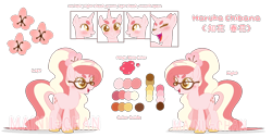 Size: 1396x706 | Tagged: dead source, safe, artist:cherritoppu, oc, oc only, oc:cherry bloom, pony, unicorn, base used, female, glasses, horn, mare, reference sheet, simple background, smiling, story included, transparent background, unicorn oc