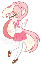 Size: 1470x2313 | Tagged: dead source, safe, artist:cherritoppu, oc, oc only, oc:cherry bloom, equestria girls, g4, clothes, equestria girls-ified, female, glasses, miniskirt, ponytail, simple background, skirt, smiling, socks, solo, thigh highs, thigh socks, transparent background