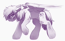 Size: 1382x867 | Tagged: safe, artist:crimmharmony, oc, oc only, oc:murky, pegasus, pony, fallout equestria, fallout equestria: murky number seven, blood, cut, drunk, fanfic art, injured, monochrome, nudity, pegasus oc, scar, sheath, sheathed, simple background, solo, white background