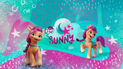 Size: 2048x1152 | Tagged: safe, sunny starscout, earth pony, pony, g5, official, abstract background, cute, cutie mark, female, mare, my little pony logo, pony history, self ponidox, sunnybetes, text, youtube banner