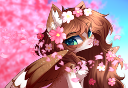 Size: 4444x3054 | Tagged: safe, artist:airiniblock, oc, oc only, oc:mabel, pegasus, pony, rcf community, blaze (coat marking), bust, chest fluff, coat markings, colored ears, ear fluff, eye clipping through hair, facial markings, female, flower, flower in hair, green eyes, looking at you, mare, natural hair color, pale belly, pegasus oc, snip (coat marking), solo, spread wings, two toned wings, wings