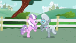 Size: 1280x720 | Tagged: safe, screencap, apple bloom, diamond tiara, silver spoon, earth pony, pony, call of the cutie, g4, season 1, animated, bipedal, bump bump sugar lump rump, butt to butt, butt touch, duo, duo female, eyes closed, female, filly, sound, webm