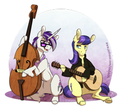 Size: 1736x1540 | Tagged: safe, artist:inuhoshi-to-darkpen, oc, oc only, earth pony, pony, unicorn, clothes, ear fluff, glasses, guitar, hoof fluff, musical instrument, open mouth, parent:octavia melody, parent:vinyl scratch, simple background, transparent background