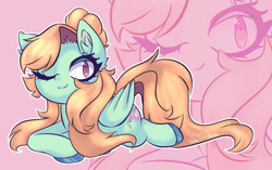 Size: 600x377 | Tagged: safe, artist:sinamuna, oc, oc only, oc:pidge (sinamuna), pony, brown eyes, colored hooves, confident, ear fluff, female, folded wings, hair bun, long hair, lying down, mare, one eye closed, orange hair, signature, smiling, solo, wings, wink