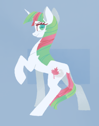 Size: 1260x1600 | Tagged: safe, artist:overthemaginot, gusty, gusty the great, pony, unicorn, abstract background, alternate hairstyle, digital art, female, frown, lineless, looking at you, looking back, looking back at you, mare, raised hoof, rear view, solo