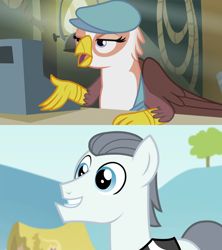 Size: 1920x2160 | Tagged: safe, edit, edited screencap, screencap, gimme moore, silver shill, g4, leap of faith, season 4, season 5, the lost treasure of griffonstone, comparison, crack shipping, female, flat cap, gimmeshill, hat, interspecies, male, shipping, shipping domino, straight
