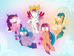 Size: 1280x979 | Tagged: safe, artist:hate-love12, hitch trailblazer, izzy moonbow, pipp petals, sunny starscout, zipp storm, earth pony, pegasus, pony, unicorn, g4, g5, base used, blaze (coat marking), braid, coat markings, colored wings, deviantart watermark, facial markings, female, g5 to g4, glowing eyes, here we go again, history repeats itself, male, mane five, mare, multicolored wings, obtrusive watermark, pale belly, raised hoof, socks (coat markings), spread wings, stallion, the elements in action, watermark, wings