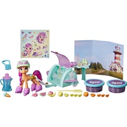 Size: 400x400 | Tagged: safe, sunny starscout, earth pony, pony, g5, 2d, bag, cup, drink, female, fruit, helmet, lighthouse, maretime bay, roller skates, rollerblades, simple background, toy, white background