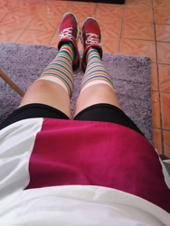Size: 3000x4000 | Tagged: safe, photographer:mr.sparkle, rainbow dash, human, g4, clothes, cosplay, costume, crossplay, irl, irl human, legs, photo, pictures of legs, rainbow socks, skirt, socks, solo, striped socks