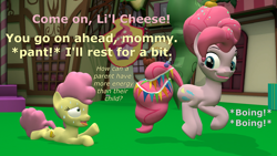 Size: 1920x1080 | Tagged: safe, artist:red4567, li'l cheese, pinkie pie, earth pony, pony, g4, the last problem, 3d, adorable distress, atg 2021, cute, irony, li'l cheesebetes, newbie artist training grounds, older, older pinkie pie, parent and child, pronking, source filmmaker, sweat, tired, tongue out