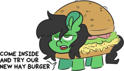 Size: 1367x781 | Tagged: safe, artist:threetwotwo32232, oc, oc:filly anon, earth pony, pony, burger, burger costume, clothes, costume, female, filly, food, food costume, hamburger, hamburger costume, hay burger, working