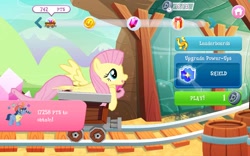 Size: 1280x800 | Tagged: safe, gameloft, fluttershy, earth pony, pegasus, pony, g4, app, astro pony, bits, crystal, female, game, gem, horseshoes, jewelry, male, mare, mine, minecart, minigame, mobile game, planetary bob, present, shield, smiling, stallion, wheel, wings