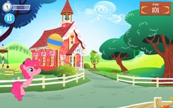Size: 1280x800 | Tagged: safe, pinkie pie, earth pony, pony, g4, ball, clock, female, jumping, mare, minigame, pause, ponyville schoolhouse, school, smiling, solo