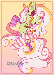 Size: 1544x2104 | Tagged: safe, artist:mediasmile666, oc, oc only, earth pony, pony, abstract background, clothes, female, mare, smiling, socks, striped socks, thigh highs
