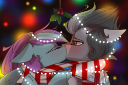 Size: 2728x1814 | Tagged: safe, artist:mediasmile666, oc, oc only, pegasus, pony, blushing, clothes, cute, duo, eyes closed, female, floppy ears, holly, holly mistaken for mistletoe, kissing, male, mare, scarf, shared clothing, shared scarf, stallion
