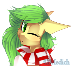 Size: 1629x1478 | Tagged: safe, artist:mediasmile666, oc, oc only, pony, bust, clothes, female, floppy ears, mare, one eye closed, scarf, simple background, solo, white background