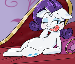 Size: 740x640 | Tagged: safe, alternate version, artist:batipin, rarity, pony, unicorn, g4, chubby, fainting couch, female, floppy ears, legs together, mare, one eye closed, open mouth, pillow, solo, volumetric mouth
