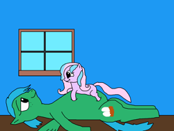 Size: 1500x1125 | Tagged: safe, artist:blazewing, oc, oc:maggie, oc:pastel macaroon, earth pony, pegasus, pony, atg 2021, belly, belly bed, chubby, colored background, drawpile, duo, earth pony oc, fat, female, filly, foal, foalsitter, freckles, lying down, lying on top of belly, mare, newbie artist training grounds, on back, pegasus oc, smiling, tired, window