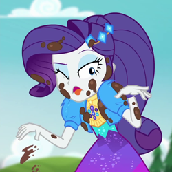 Size: 1080x1080 | Tagged: safe, screencap, rarity, equestria girls, g4, lost and pound, lost and pound: rarity, my little pony equestria girls: better together, cropped, disgusted, female, mud, muddy, one eye closed, out of context, solo, tongue out