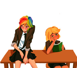 Size: 500x446 | Tagged: safe, artist:xingxing, applejack, rainbow dash, human, g4, book, female, humanized, ship:appledash, shipping, simple background, table, white background