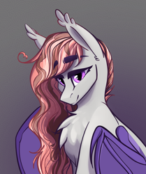 Size: 2281x2732 | Tagged: safe, artist:alrumoon_art, oc, oc only, oc:alruna moonrise, bat pony, pony, chest fluff, eyebrows, eyebrows visible through hair, female, gray background, high res, mare, simple background, solo