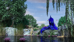 Size: 2560x1440 | Tagged: safe, artist:thelunagames, princess luna, alicorn, butterfly, pony, g4, 3d, cinema4d, reflection, scenery, solo, tree, water