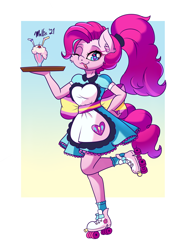 Size: 1500x2000 | Tagged: safe, artist:melliedraws, pinkie pie, anthro, g4, clothes, equestria girls outfit, female, hand on hip, heart, heart eyes, heart nostrils, job, mare, milkshake, one eye closed, roller skates, server pinkie pie, solo, tongue out, wingding eyes